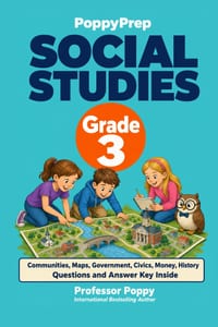 PoppyPrep Social Studies for Grade 3: 30 Short Reads on Communities, Maps, Civics, Money, and History with Questions and Answer Key for Kids Ages 8-9 cover