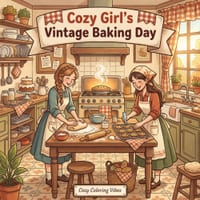 Cozy Girl's Vintage Baking Day: Cute Hygge Coloring Book for Adults & Teens Easy Bold Line Retro Aprons, Rolling Pins, Recipe Cards, Pie Counters & Ol cover