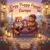 Cozy Fuzzy Hygge Europe: Easy Bold Line Cute Animal Coloring Book for Adults Cafes, Retreats, Stress Relief, Canal & Fun Storybook Travel Escapes Rela cover