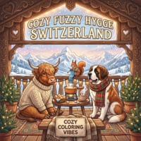 Cozy Fuzzy Hygge Switzerland: Easy Bold Line Design Animal Art Coloring Book Winter Retreat, Mountain Cabins, Snowy Village & Swiss Cultural Travel Sc cover