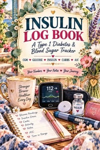 Insulin Log Book: A Type 1 diabetes and blood sugar tracker for CGM and glucose readings, insulin doses, carbs, bolus, basal, time in range, hypo even cover