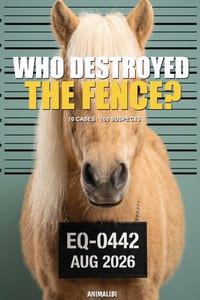 ANIMALIBI - Who Destroyed the Fence?: A full-color whodunit for horse lovers. 100 adorable suspects, 10 cases, 1 guilty foal. Vol. 4 cover