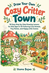 Draw Your Own Cozy Critter Town: 50 Easy Step-by-Step Drawing Lessons for Kids Ages 6-10 Featuring Cute Animals, Tiny Homes, and Happy Little Scenes cover
