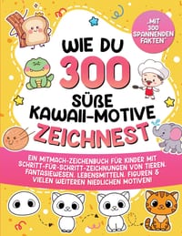 Wie du 300 süße Kawaii-Motive zeichnest: Ein Mitmach-Zeichenbuch für Kinder mit Schritt-für-Schritt-Zeichnungen von Tieren, Fantasiewesen, Lebensmitte cover