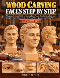 Wood Carving Faces Step by Step: A Beginner's Visual Guide to Carving Eyes, Noses, Mouths, Ears, Hair, and Complete Faces in Basswood, with Front, Thr cover