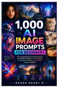 1,000 AI Image Prompts for Beginners: The Complete Beginner's Prompt Library for Creating Stunning AI Art, Characters, Landscapes, Products, Social Me cover