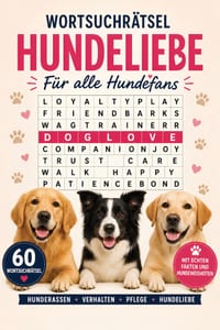 Wortsuchrätsel - Hundeliebe: Für alle Hundefans: 60 Wortsuchrätsel zu Hunderassen, Verhalten, Pflege und Hundeliebe - mit echten Fakten und Hundeweish cover