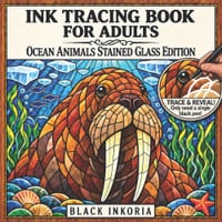 Ink Tracing Book for Adults - Ocean Animals Stained Glass Edition: Trace White Lines on 36 Sea Life Creatures with Nature & Plant-Inspired Underwater cover