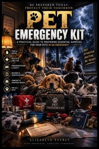 Pet Emergency Kit: food, water, leads, carriers, vet papers. cover
