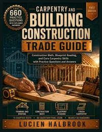 Carpentry and Building Construction Trade Guide: Construction Math, Blueprint Reading, and Core Carpentry Skills with Practice Questions and Answers cover