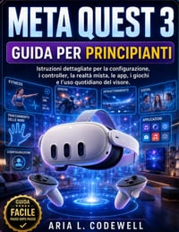 Meta Quest 3 Guida Per Principianti: Istruzioni dettagliate per la configurazione, i controller, la realtà mista, le app, i giochi e l'uso quotidiano cover