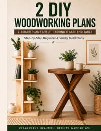 2 DIY Woodworking Plans: 2-Board Plant Shelf & Round X Base End Table: Step-by-Step Beginner-Friendly Building Plans cover