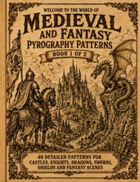 Pyrography Patterns, Medieval & Fantasy: Book 1 of 2 Patterns for Tracing, Transferring and Wood Burning Castles, Knights, Dragons, Swords, Shields an cover
