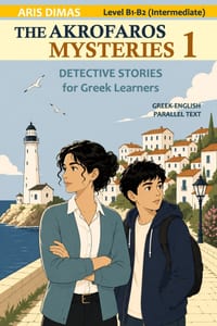 The Akrofaros Mysteries 1, Detective Stories for Greek Learners Level B1-B2 (Intermediate): Greek-English Parallel Text cover