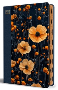 KJV Holy Bible, Large Print, Handy Size Format, Hardcover, Dark Blue and Orange Flower, Page Edge Design, Thumb Index, Ribbon Marker, and Red Letter cover